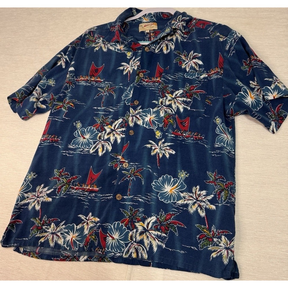 Aloha Joe Men's L Blue Multicolor Floral Hawaiian Woven Short Sleeve Button-Up